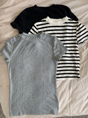 Short Sleeve Tee Trio - Black, Black/White Stripe, and Gray